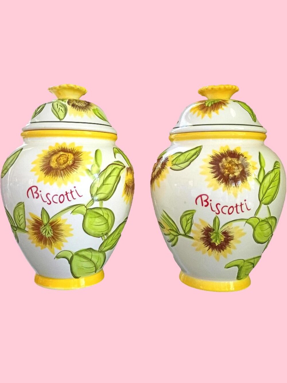 Nonni's Tuscan Large Sunflower Hand painted Ceramic Biscotti Cookie Jars Set